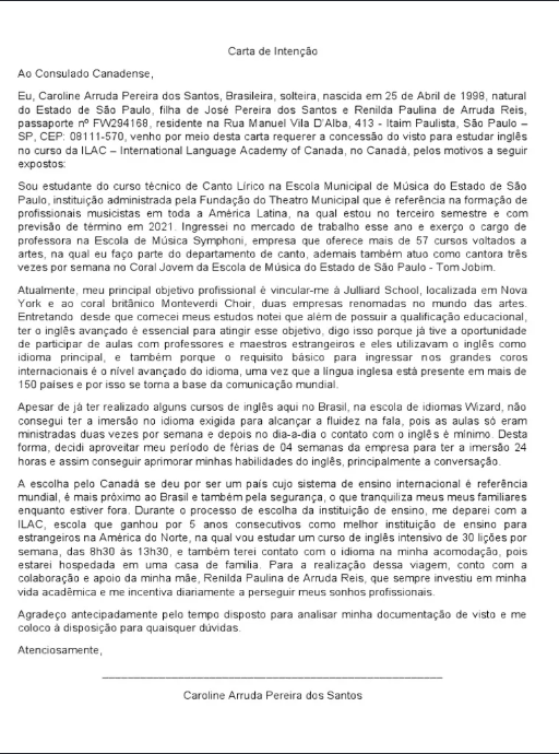 Carta de explicação visto canadense